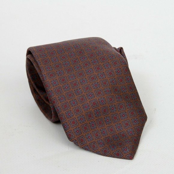 Liberty of London Brown Blue Geometric Squares Silk Mens Necktie Tie Ties USA - Picture 1 of 4